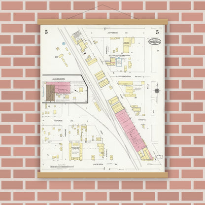 Old map wall art mockup — magnetic wood frame on brick wall — Sanborn Fire Insurance Map from Harlingen, Cameron County, Texas (1925), Sheet #0005