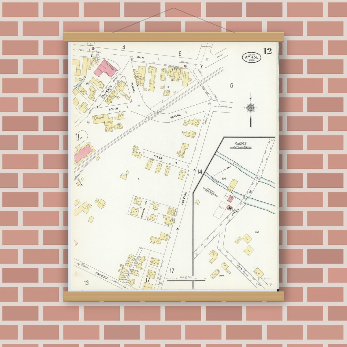 Old map wall art mockup — magnetic wood frame on brick wall — Sanborn Fire Insurance Map from Athol, Worcester County, Massachusetts (1911), Sheet #0012