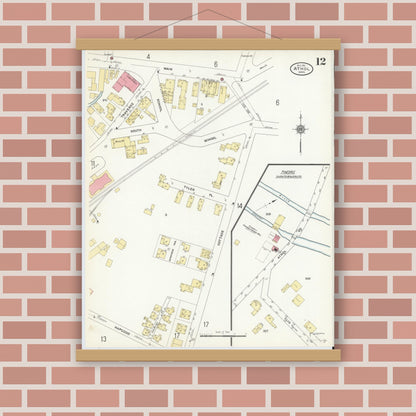 Old map wall art mockup — magnetic wood frame on brick wall — Sanborn Fire Insurance Map from Athol, Worcester County, Massachusetts (1911), Sheet #0012