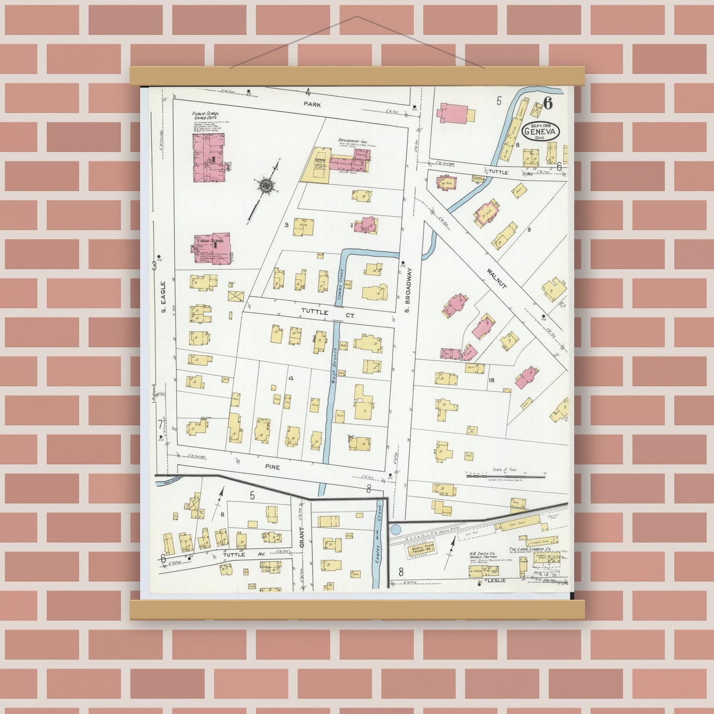 Old map wall art mockup — magnetic wood frame on brick wall — Sanborn Fire Insurance Map from Geneva, Ashtabula County, Ohio (1919), Sheet #0006