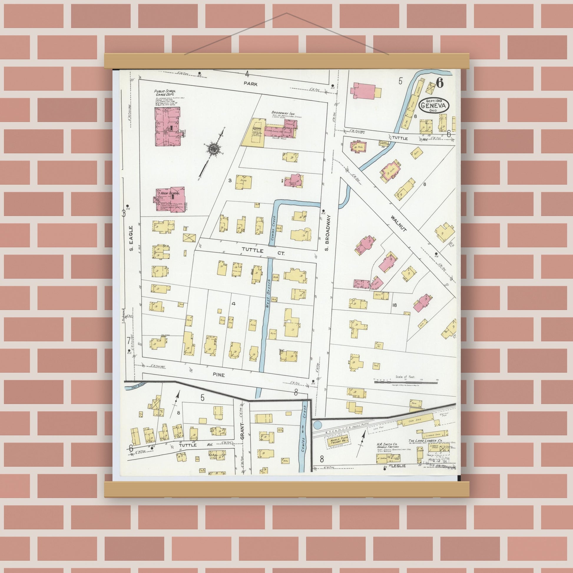 Old map wall art mockup — magnetic wood frame on brick wall — Sanborn Fire Insurance Map from Geneva, Ashtabula County, Ohio (1919), Sheet #0006