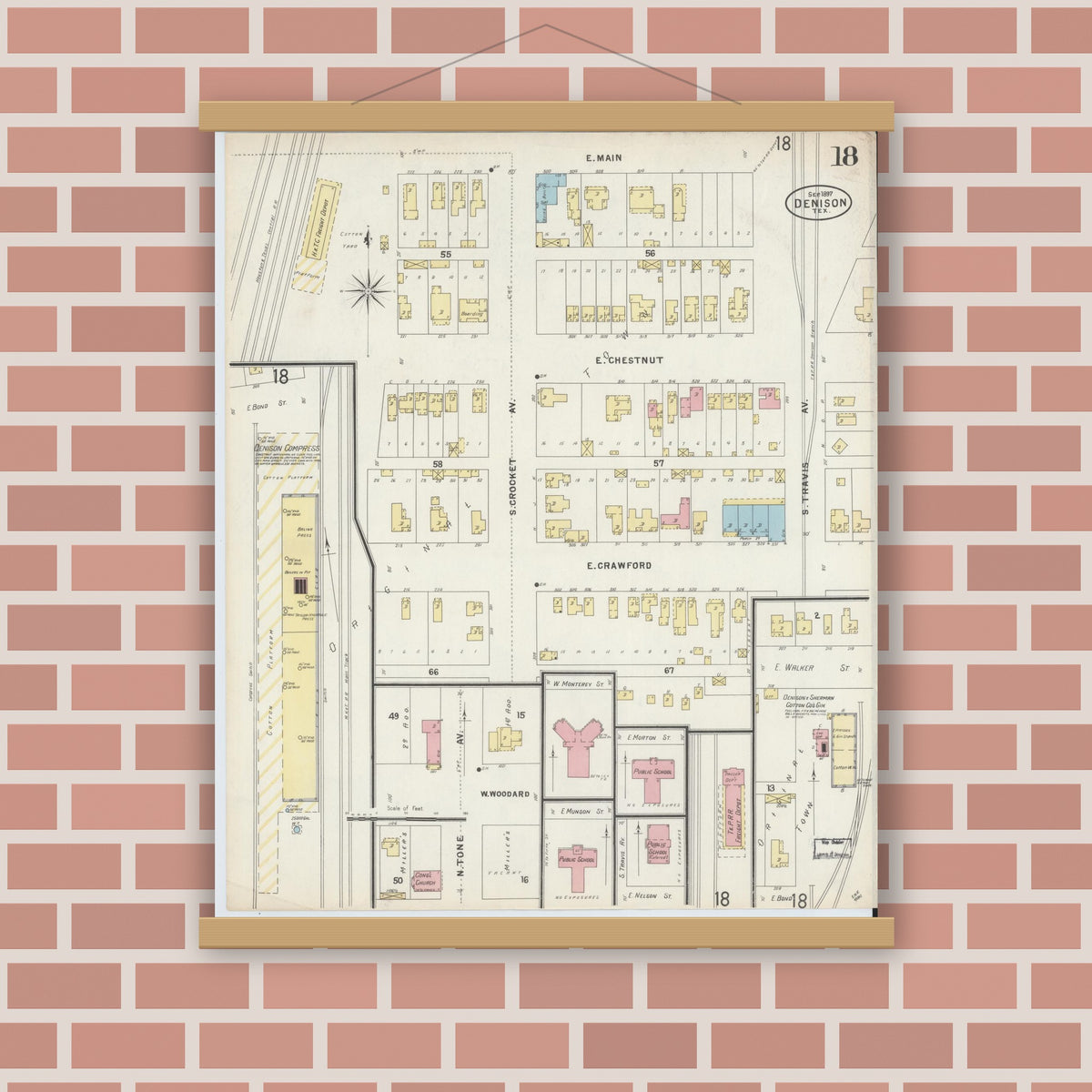 Old map wall art mockup — magnetic wood frame on brick wall — Sanborn Fire Insurance Map from Denison, Grayson County, Texas (1897), Sheet #0018