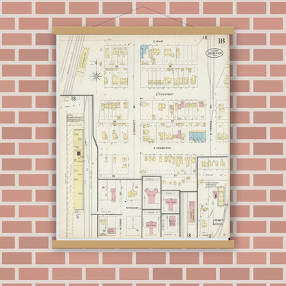 Old map wall art mockup — magnetic wood frame on brick wall — Sanborn Fire Insurance Map from Denison, Grayson County, Texas (1897), Sheet #0018