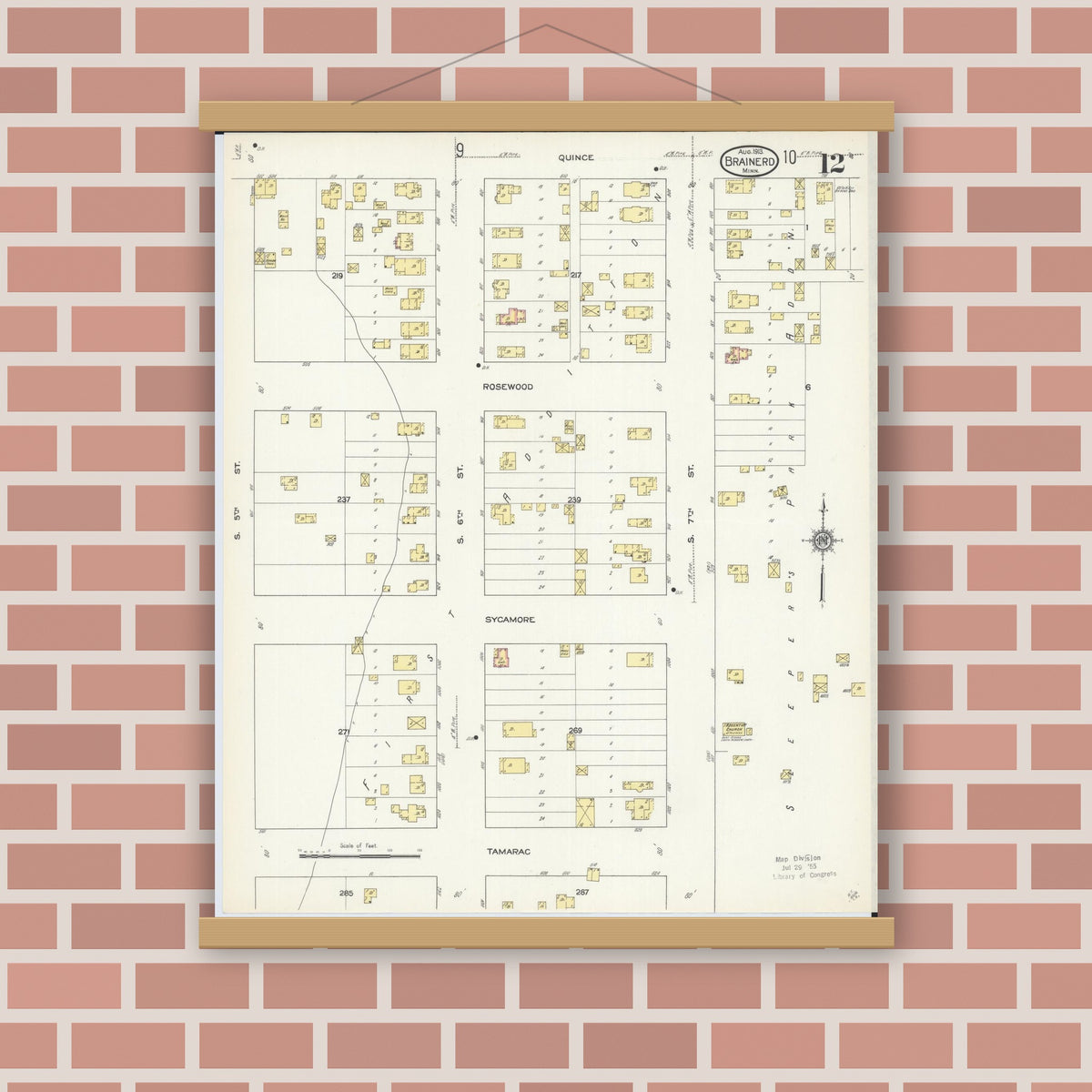 Old map wall art mockup — magnetic wood frame on brick wall — Sanborn Fire Insurance Map from Brainerd, Crow Wing County, Minnesota (1913), Sheet #0012