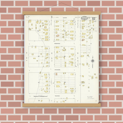 Old map wall art mockup — magnetic wood frame on brick wall — Sanborn Fire Insurance Map from Brainerd, Crow Wing County, Minnesota (1913), Sheet #0012