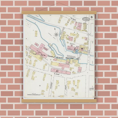 Old map wall art mockup — magnetic wood frame on brick wall — Sanborn Fire Insurance Map from Orange, Franklin County, Massachusetts (1889), Sheet #0003