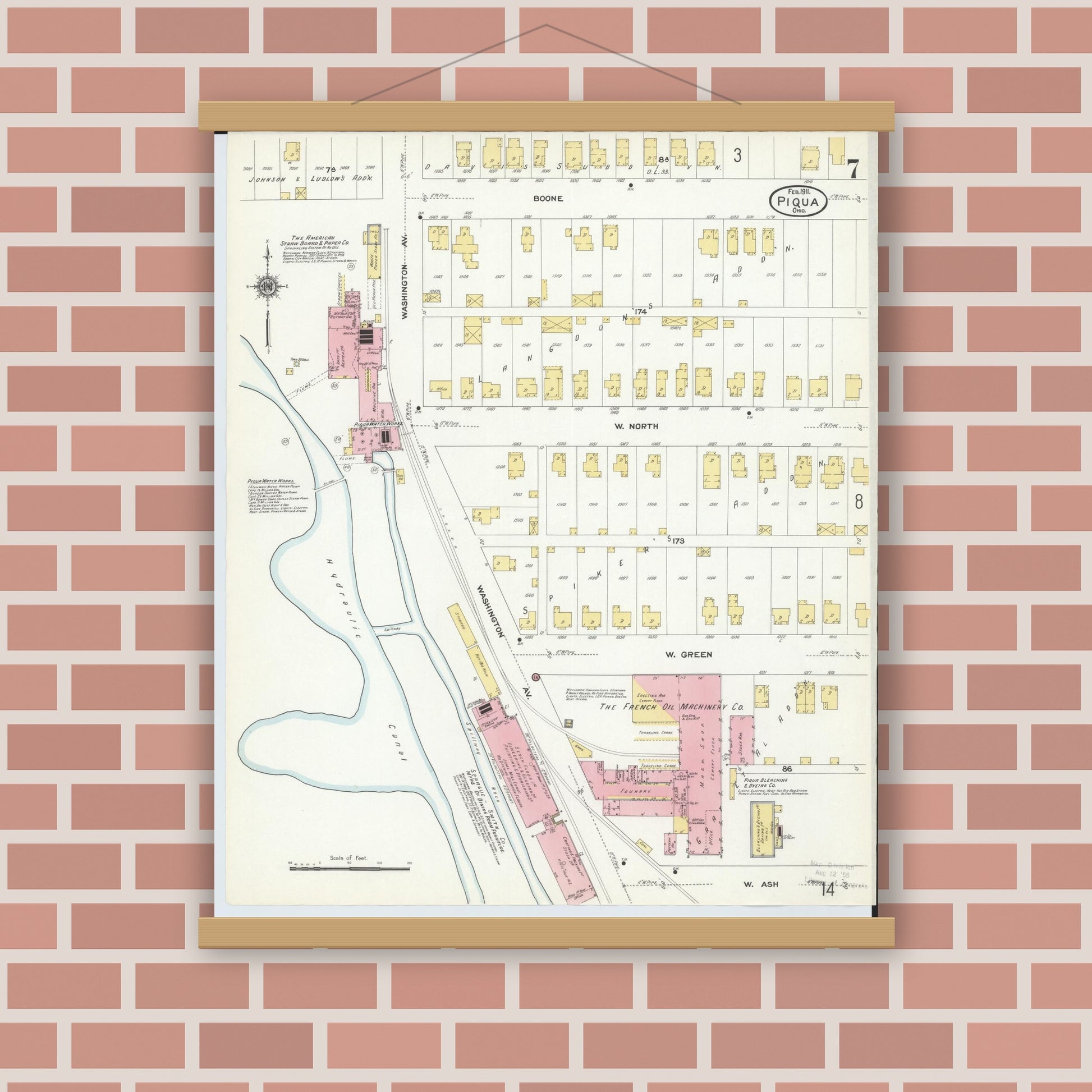 Old map wall art mockup — magnetic wood frame on brick wall — Sanborn Fire Insurance Map from Piqua, Miami County, Ohio (1911), Sheet #0007