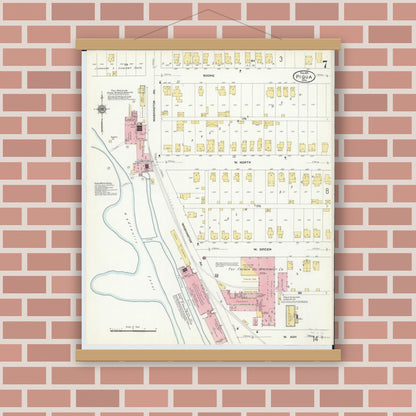 Old map wall art mockup — magnetic wood frame on brick wall — Sanborn Fire Insurance Map from Piqua, Miami County, Ohio (1911), Sheet #0007