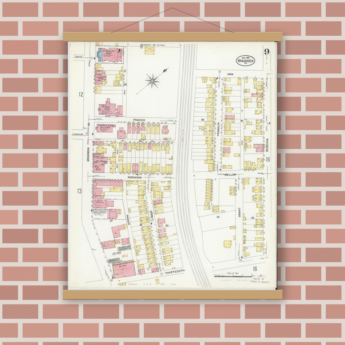 Old map wall art mockup — magnetic wood frame on brick wall — Sanborn Fire Insurance Map from Braddock, Allegheny County, Pennsylvania (1908), Sheet #0009