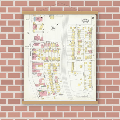 Old map wall art mockup — magnetic wood frame on brick wall — Sanborn Fire Insurance Map from Braddock, Allegheny County, Pennsylvania (1908), Sheet #0009