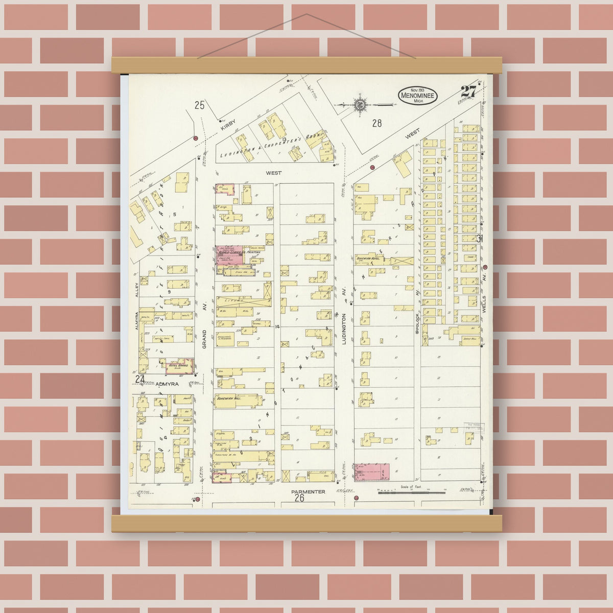 Old map wall art mockup — magnetic wood frame on brick wall — Sanborn Fire Insurance Map from Menominee, Menominee County, Michigan (1913), Sheet #0027