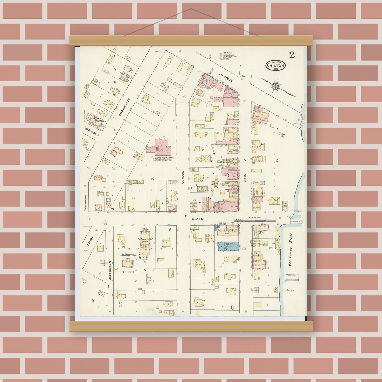 Old map wall art mockup — magnetic wood frame on brick wall — Sanborn Fire Insurance Map from Chilton, Calumet County, Wisconsin (1914), Sheet #0002
