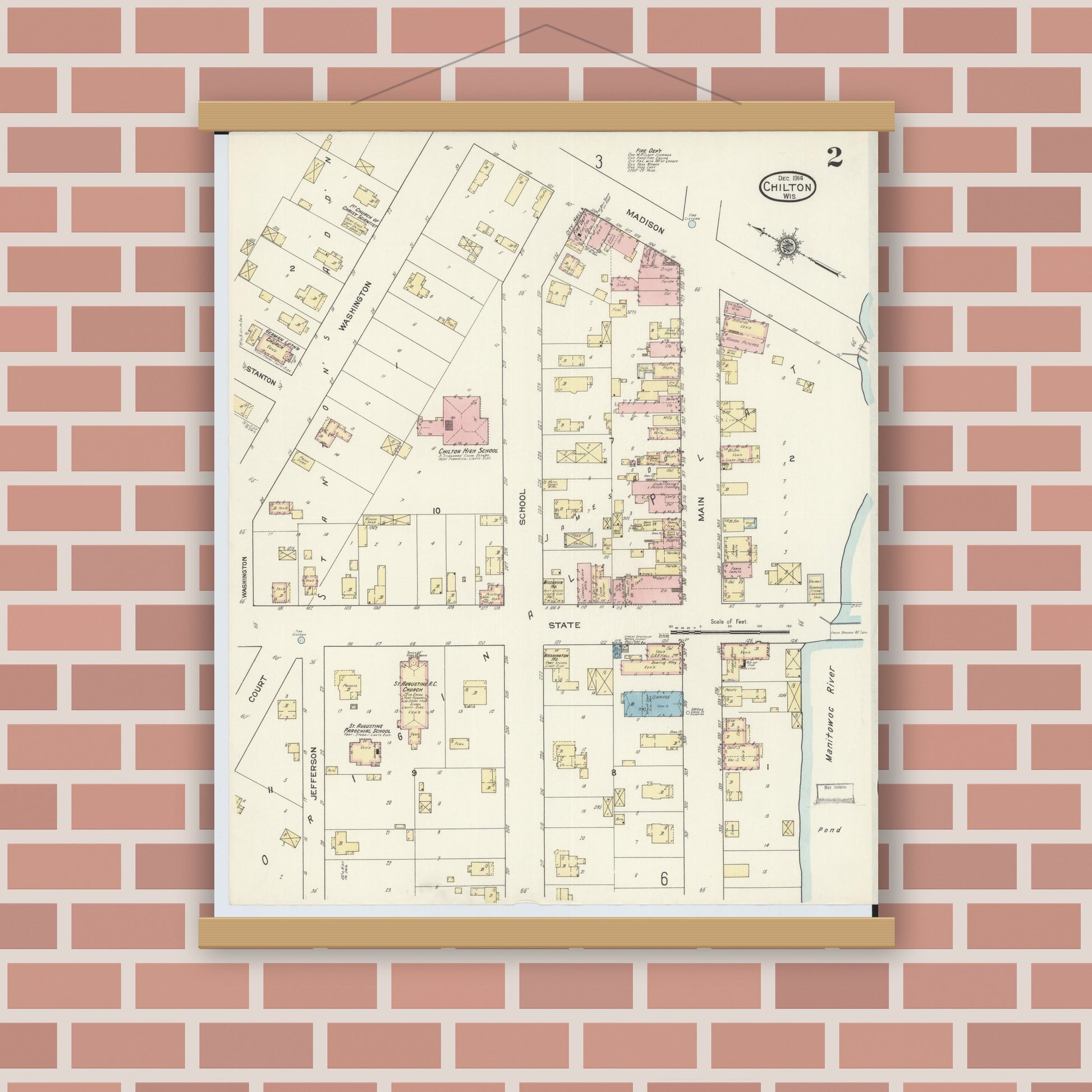 Old map wall art mockup — magnetic wood frame on brick wall — Sanborn Fire Insurance Map from Chilton, Calumet County, Wisconsin (1914), Sheet #0002