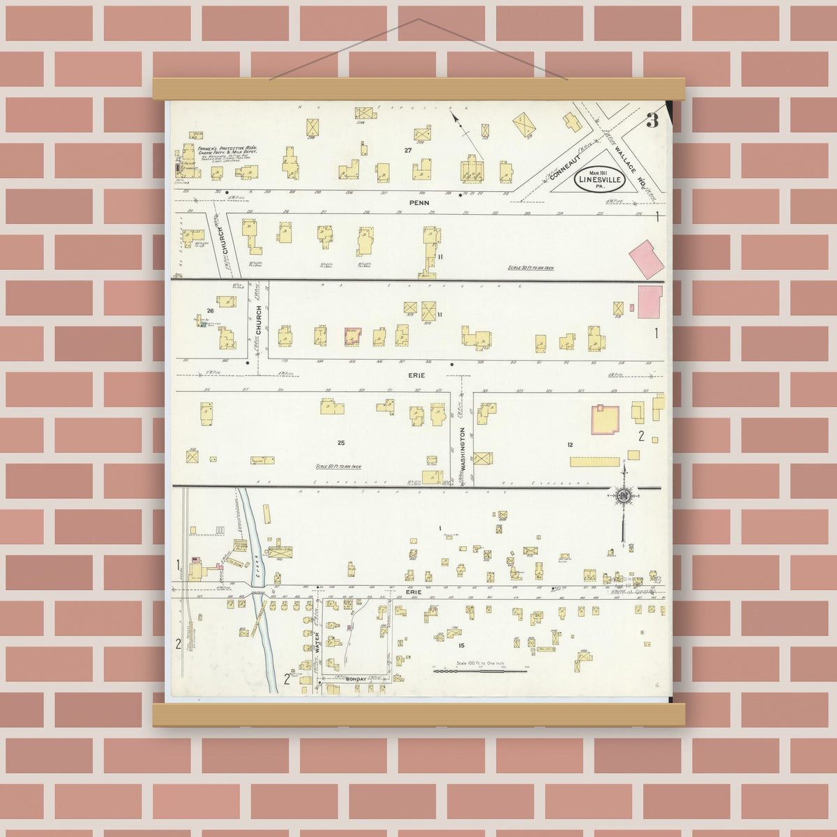 Old map wall art mockup — magnetic wood frame on brick wall — Sanborn Fire Insurance Map from Linesville, Crawford County, Pennsylvania (1911), Sheet #0003