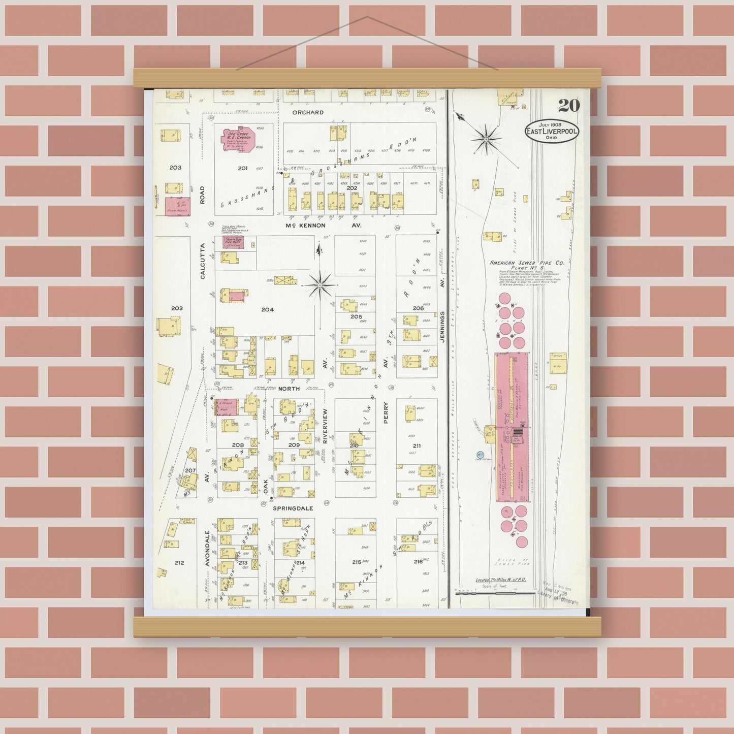Old map wall art mockup — magnetic wood frame on brick wall — Sanborn Fire Insurance Map from East Liverpool, Columbiana County, Ohio (1908), Sheet #0020
