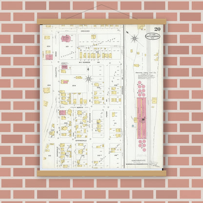 Old map wall art mockup — magnetic wood frame on brick wall — Sanborn Fire Insurance Map from East Liverpool, Columbiana County, Ohio (1908), Sheet #0020