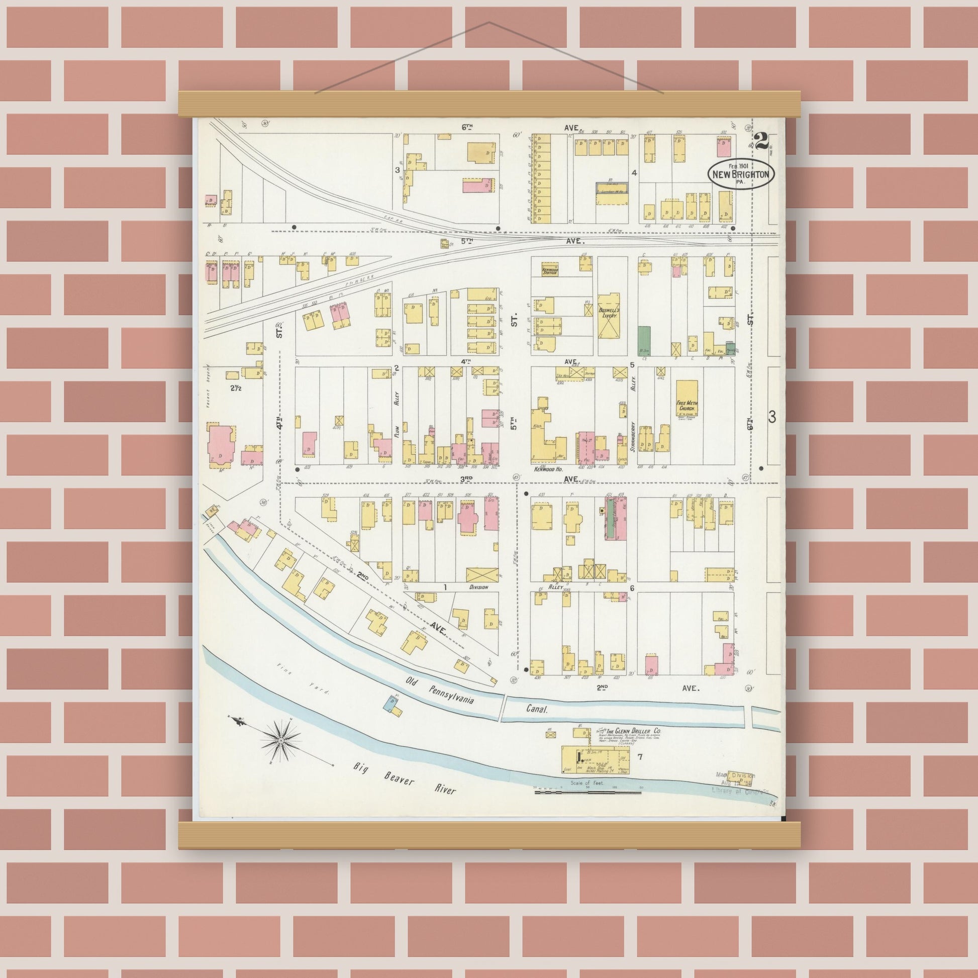 Old map wall art mockup — magnetic wood frame on brick wall — Sanborn Fire Insurance Map from New Brighton, Beaver County, Pennsylvania (1901), Sheet #0002