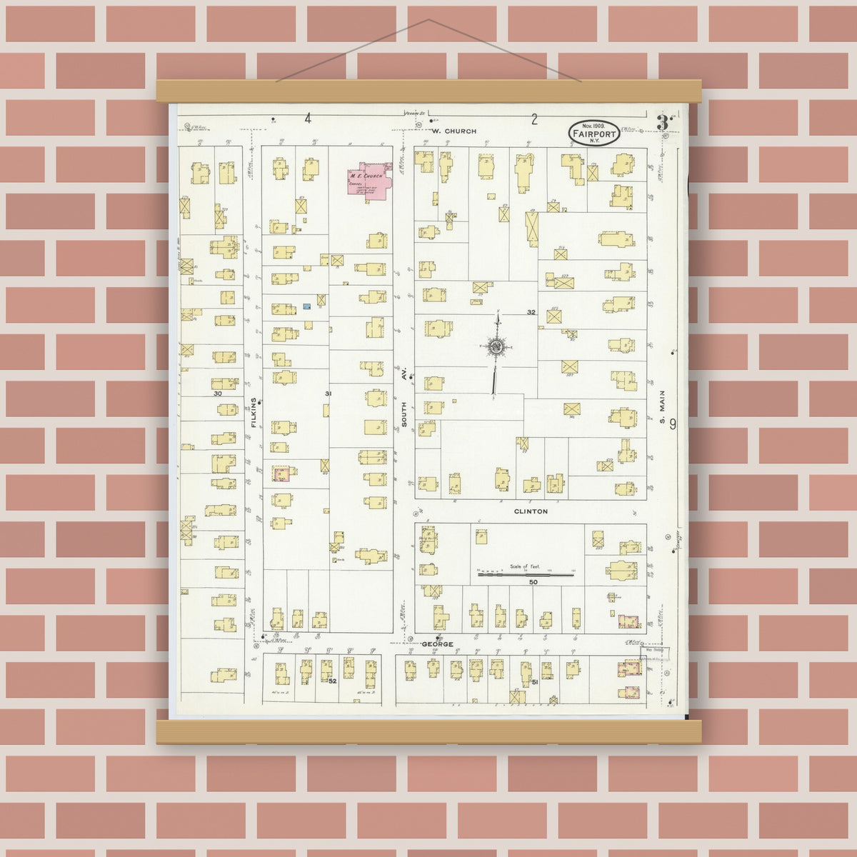 Old map wall art mockup — magnetic wood frame on brick wall — Sanborn Fire Insurance Map from Fairport, Monroe County, New York (1909), Sheet #0003
