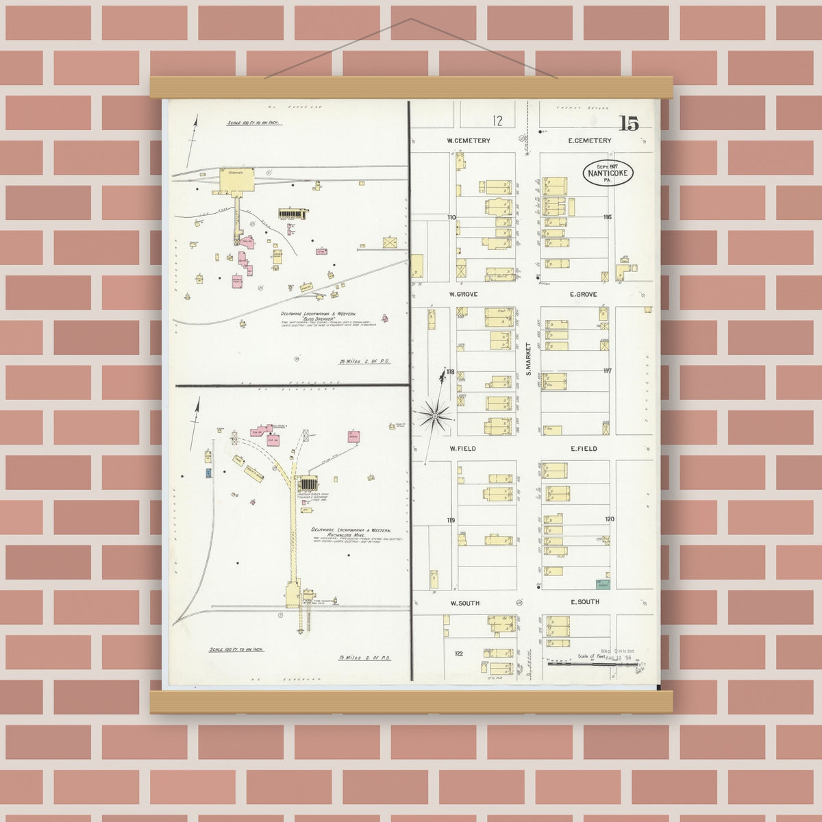 Old map wall art mockup — magnetic wood frame on brick wall — Sanborn Fire Insurance Map from Nanticoke, Luzerne County, Pennsylvania (1907), Sheet #0015