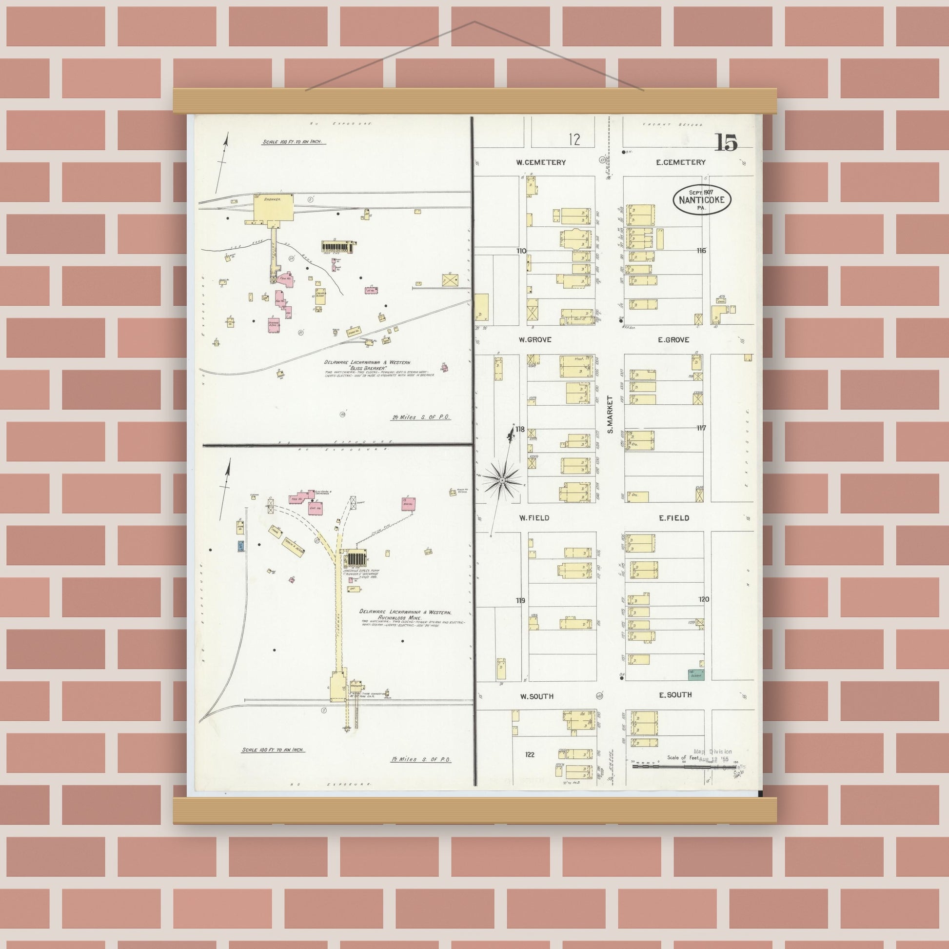 Old map wall art mockup — magnetic wood frame on brick wall — Sanborn Fire Insurance Map from Nanticoke, Luzerne County, Pennsylvania (1907), Sheet #0015