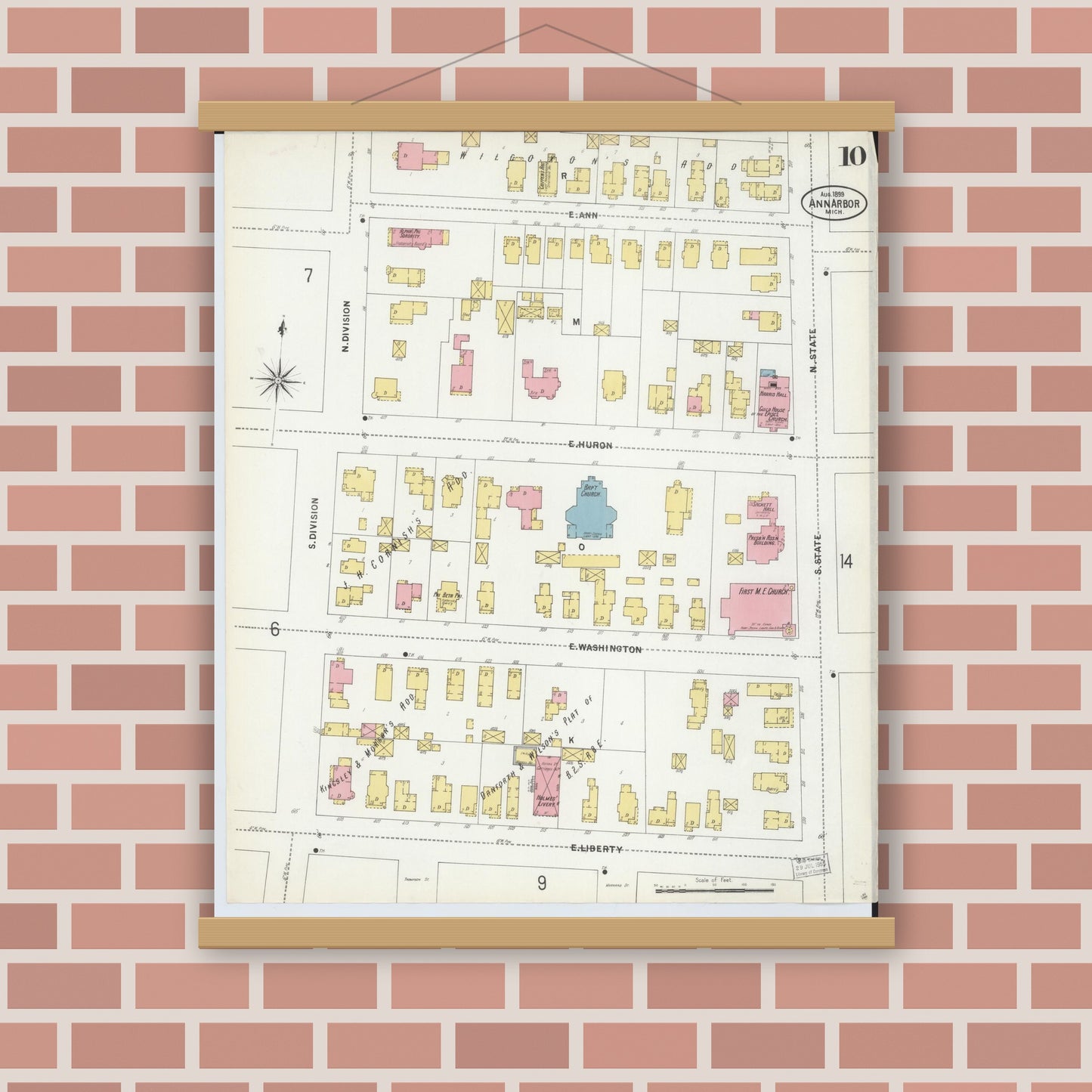 Old map wall art mockup — magnetic wood frame on brick wall — Sanborn Fire Insurance Map from Ann Arbor, Washtenaw County, Michigan (1899), Sheet #0010