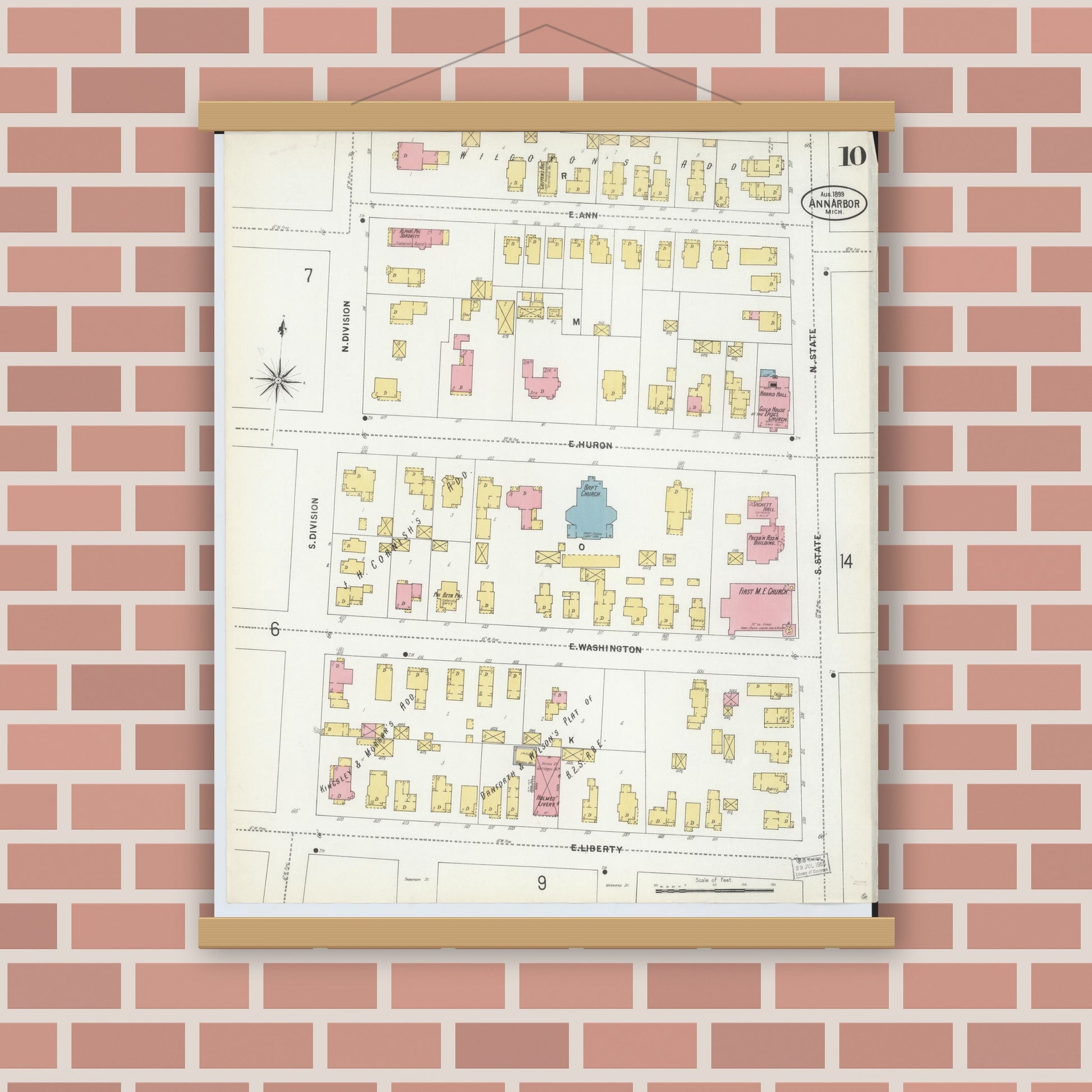 Old map wall art mockup — magnetic wood frame on brick wall — Sanborn Fire Insurance Map from Ann Arbor, Washtenaw County, Michigan (1899), Sheet #0010