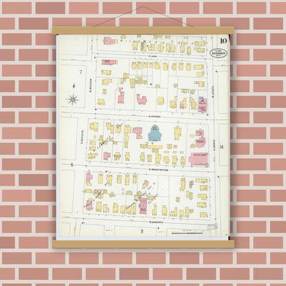 Old map wall art mockup — magnetic wood frame on brick wall — Sanborn Fire Insurance Map from Ann Arbor, Washtenaw County, Michigan (1899), Sheet #0010