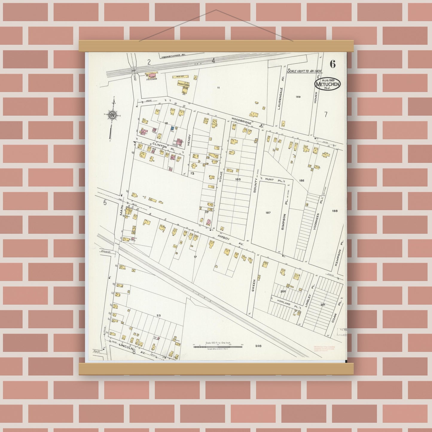 Old map wall art mockup — magnetic wood frame on brick wall — Sanborn Fire Insurance Map from Metuchen, Middlesex County, New Jersey (1920), Sheet #0006