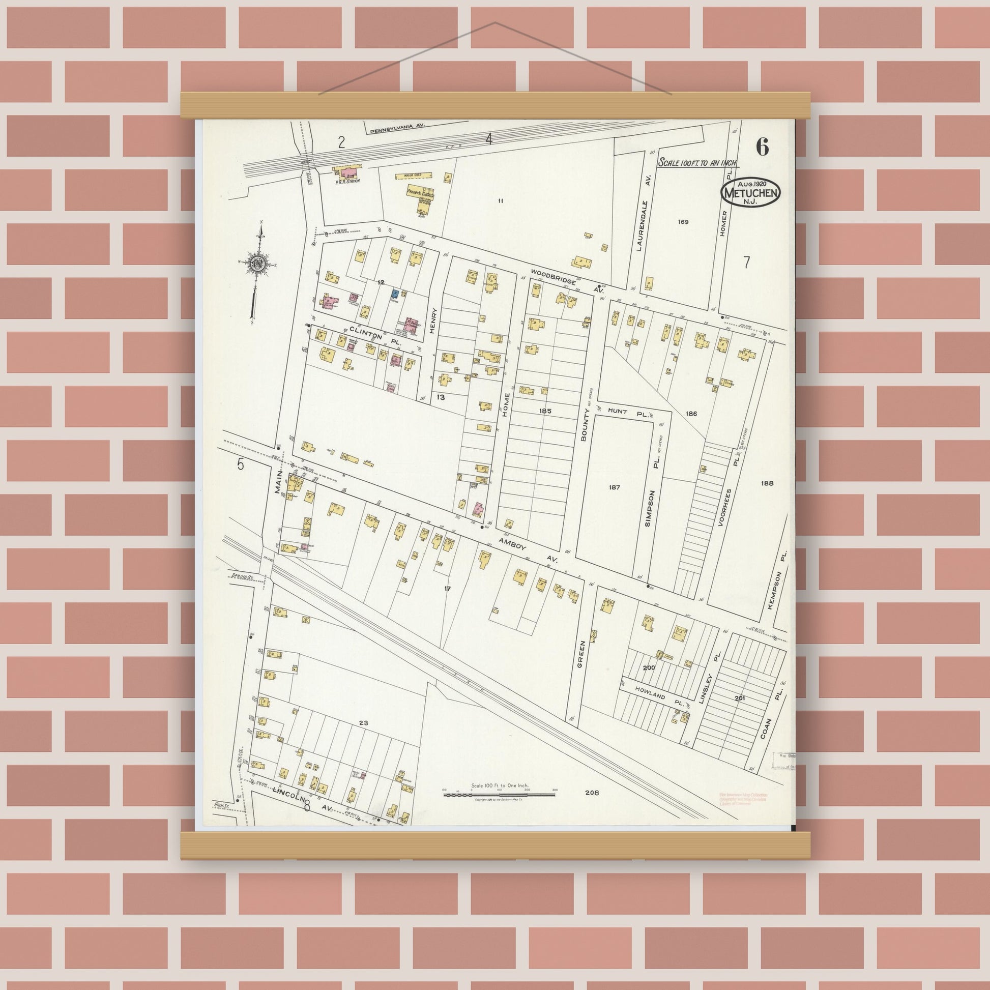 Old map wall art mockup — magnetic wood frame on brick wall — Sanborn Fire Insurance Map from Metuchen, Middlesex County, New Jersey (1920), Sheet #0006