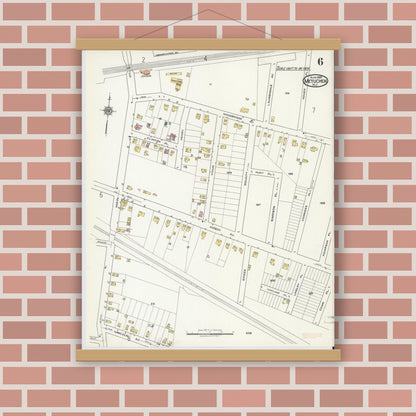 Old map wall art mockup — magnetic wood frame on brick wall — Sanborn Fire Insurance Map from Metuchen, Middlesex County, New Jersey (1920), Sheet #0006