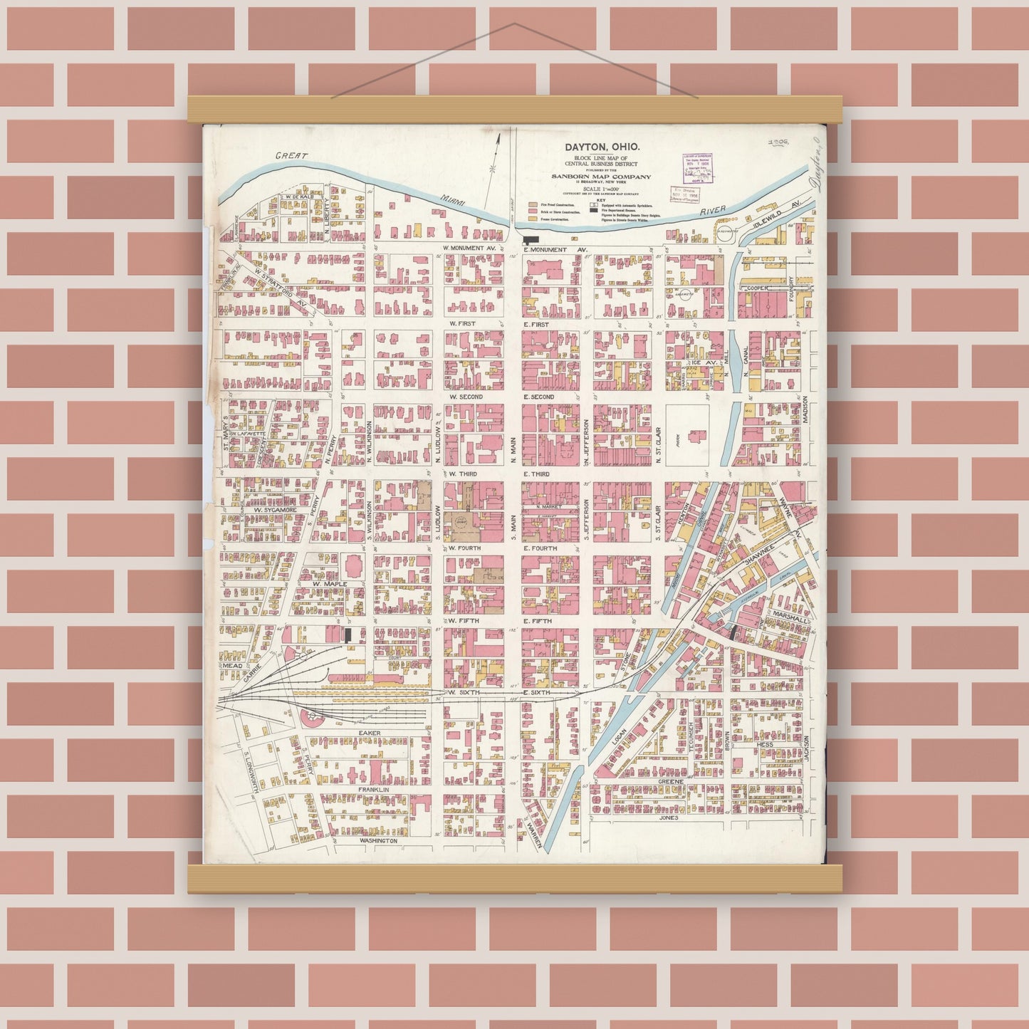 Old map wall art mockup — magnetic wood frame on brick wall — Sanborn Fire Insurance Map from Dayton, Montgomery County, Ohio (1906), Sheet #0001