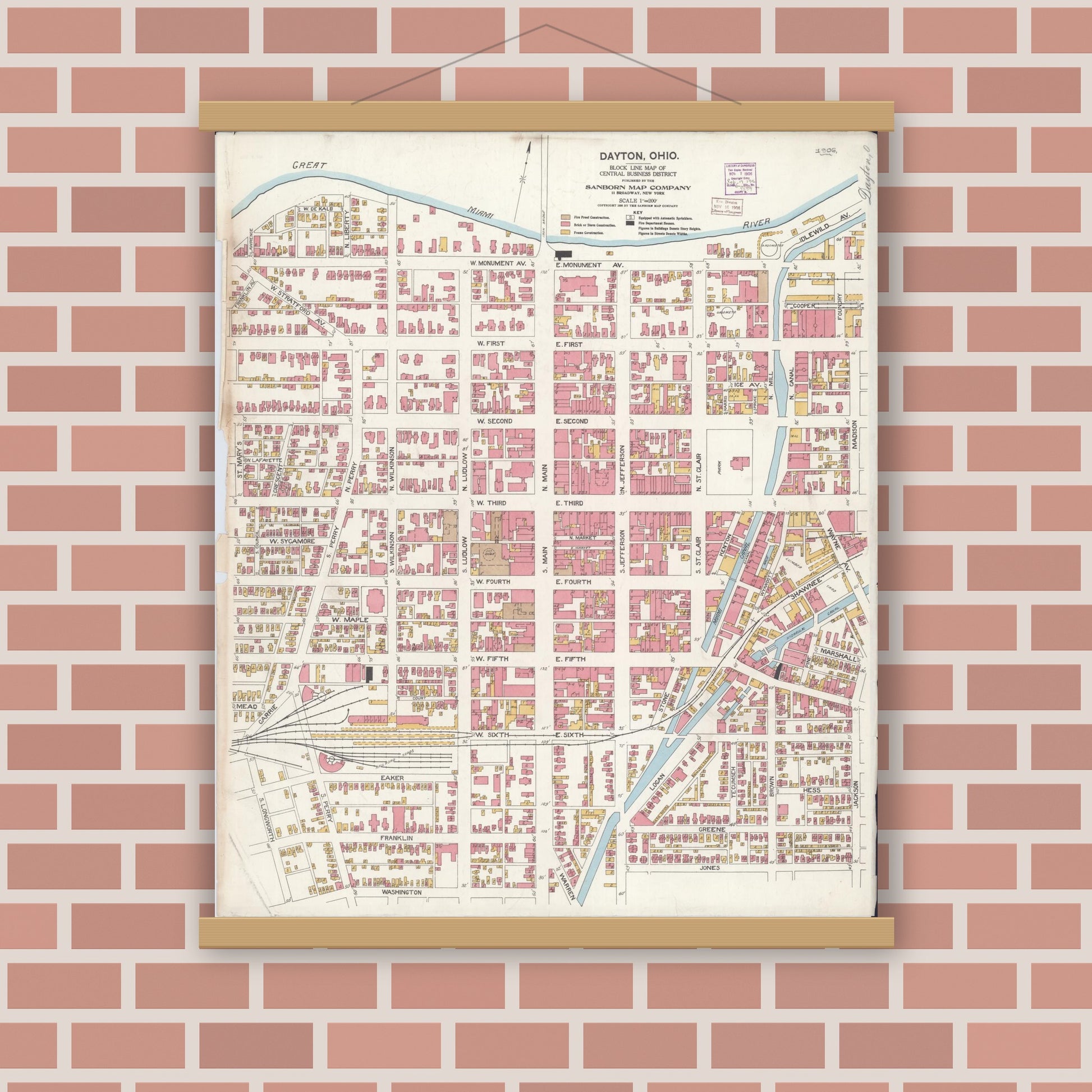 Old map wall art mockup — magnetic wood frame on brick wall — Sanborn Fire Insurance Map from Dayton, Montgomery County, Ohio (1906), Sheet #0001