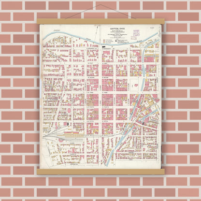 Old map wall art mockup — magnetic wood frame on brick wall — Sanborn Fire Insurance Map from Dayton, Montgomery County, Ohio (1906), Sheet #0001
