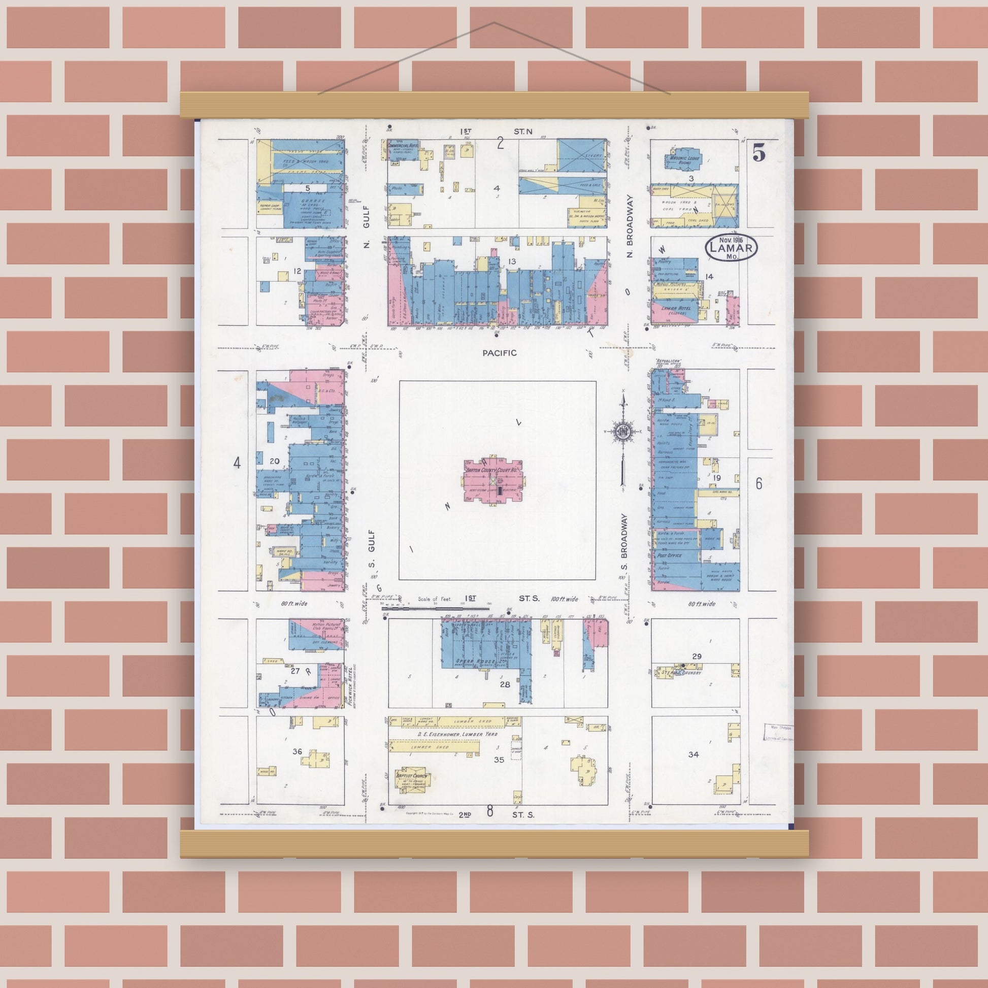 Old map wall art mockup — magnetic wood frame on brick wall — Sanborn Fire Insurance Map from Lamar, Barton County, Missouri (1916), Sheet #0005