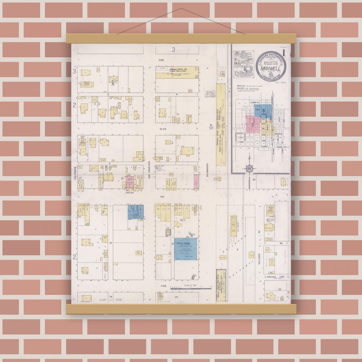 Old map wall art mockup — magnetic wood frame on brick wall — Sanborn Fire Insurance Map from Maxwell, Colusa County, California (1920), Sheet #0001