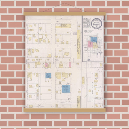 Old map wall art mockup — magnetic wood frame on brick wall — Sanborn Fire Insurance Map from Maxwell, Colusa County, California (1920), Sheet #0001