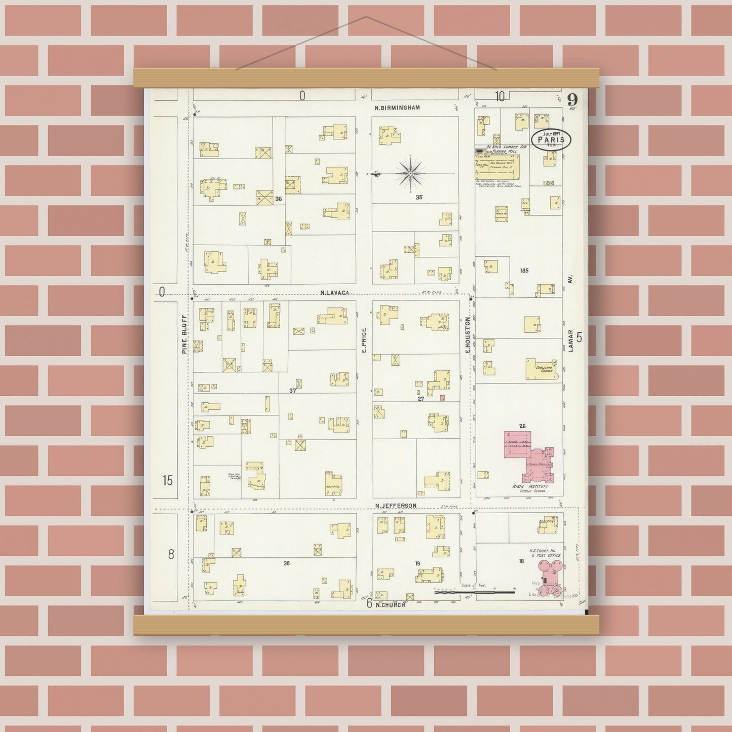 Old map wall art mockup — magnetic wood frame on brick wall — Sanborn Fire Insurance Map from Paris, Lamar County, Texas (1897), Sheet #0009