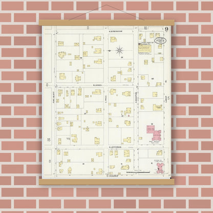 Old map wall art mockup — magnetic wood frame on brick wall — Sanborn Fire Insurance Map from Paris, Lamar County, Texas (1897), Sheet #0009