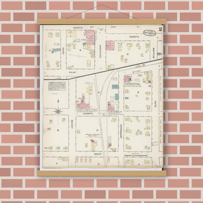 Old map wall art mockup — magnetic wood frame on brick wall — Sanborn Fire Insurance Map from Sturgis, Saint Joseph County, Michigan (1884), Sheet #0002