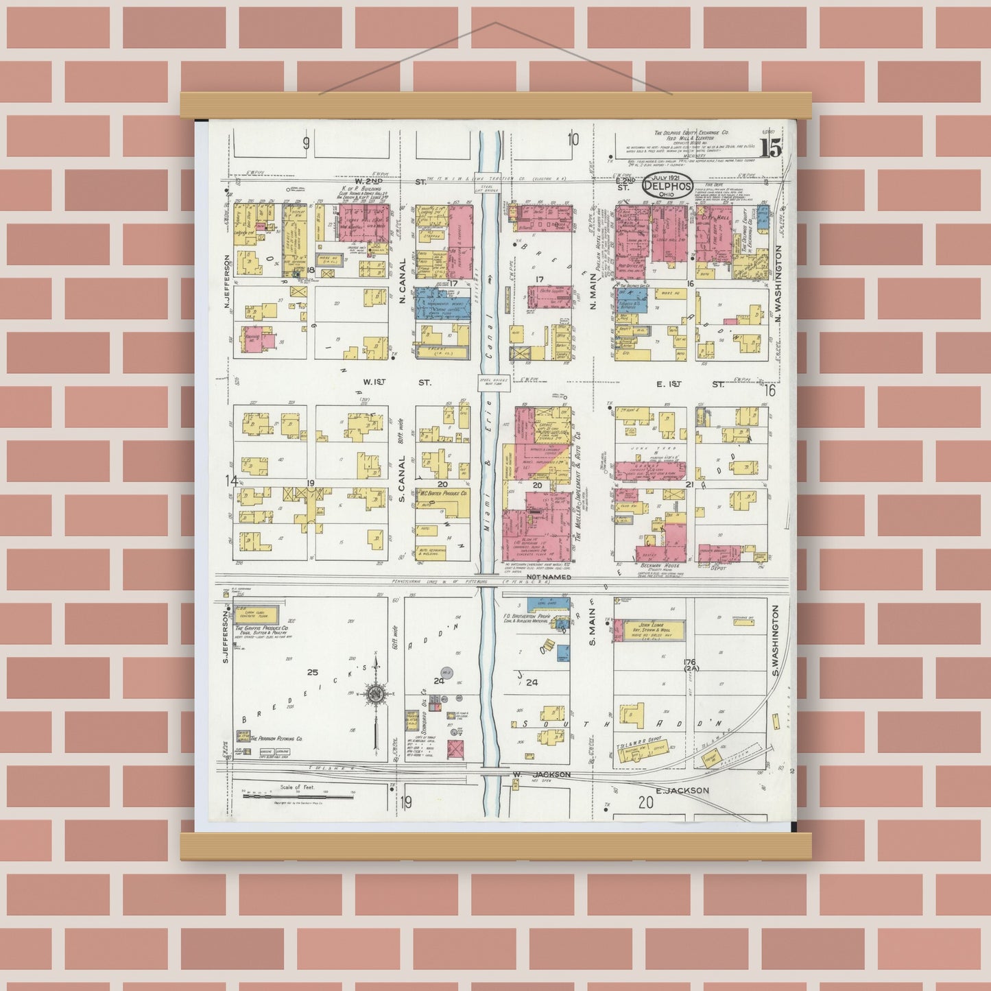 Old map wall art mockup — magnetic wood frame on brick wall — Sanborn Fire Insurance Map from Delphos, Van Wert And Allen Counties, Ohio (1921), Sheet #0015
