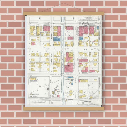 Old map wall art mockup — magnetic wood frame on brick wall — Sanborn Fire Insurance Map from Delphos, Van Wert And Allen Counties, Ohio (1921), Sheet #0015