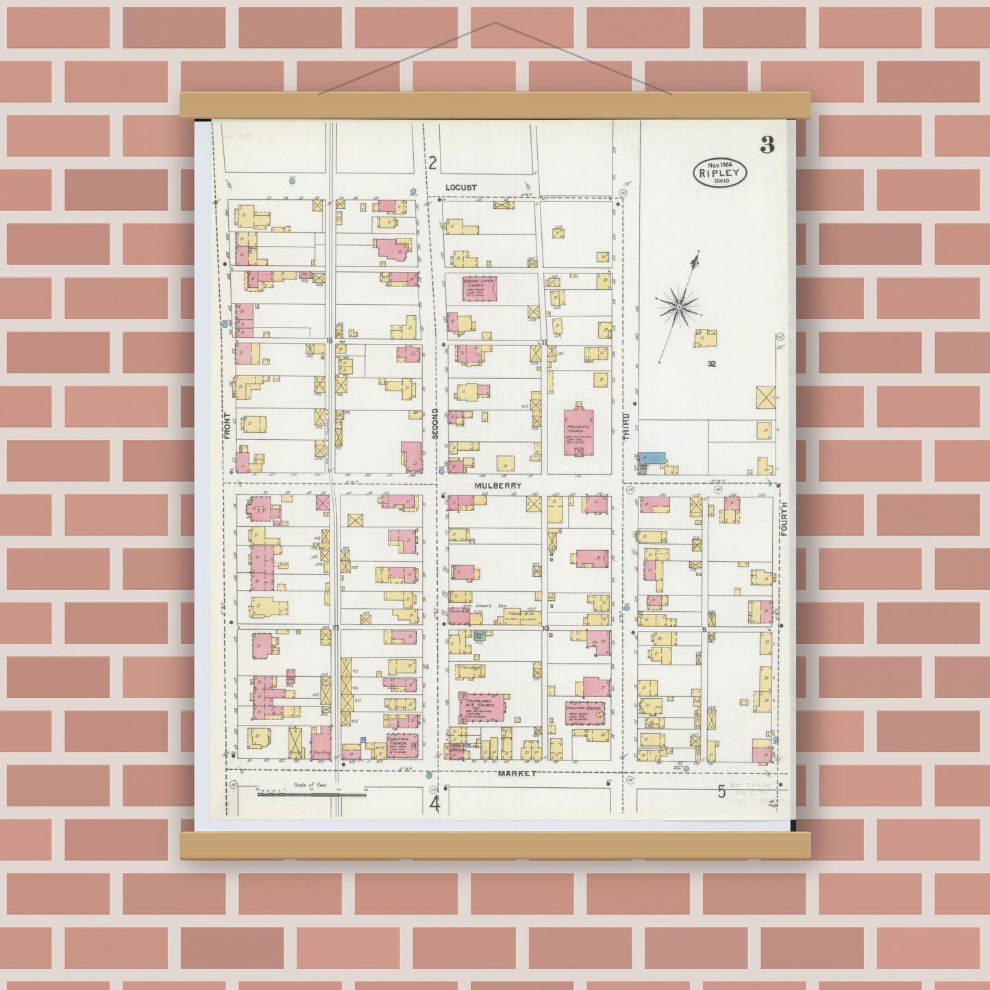Old map wall art mockup — magnetic wood frame on brick wall — Sanborn Fire Insurance Map from Ripley, Brown County, Ohio (1904), Sheet #0003
