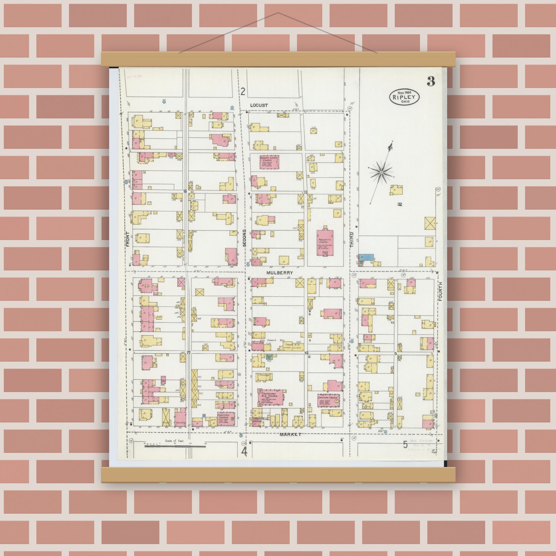 Old map wall art mockup — magnetic wood frame on brick wall — Sanborn Fire Insurance Map from Ripley, Brown County, Ohio (1904), Sheet #0003