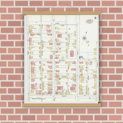 Old map wall art mockup — magnetic wood frame on brick wall — Sanborn Fire Insurance Map from Ripley, Brown County, Ohio (1904), Sheet #0003