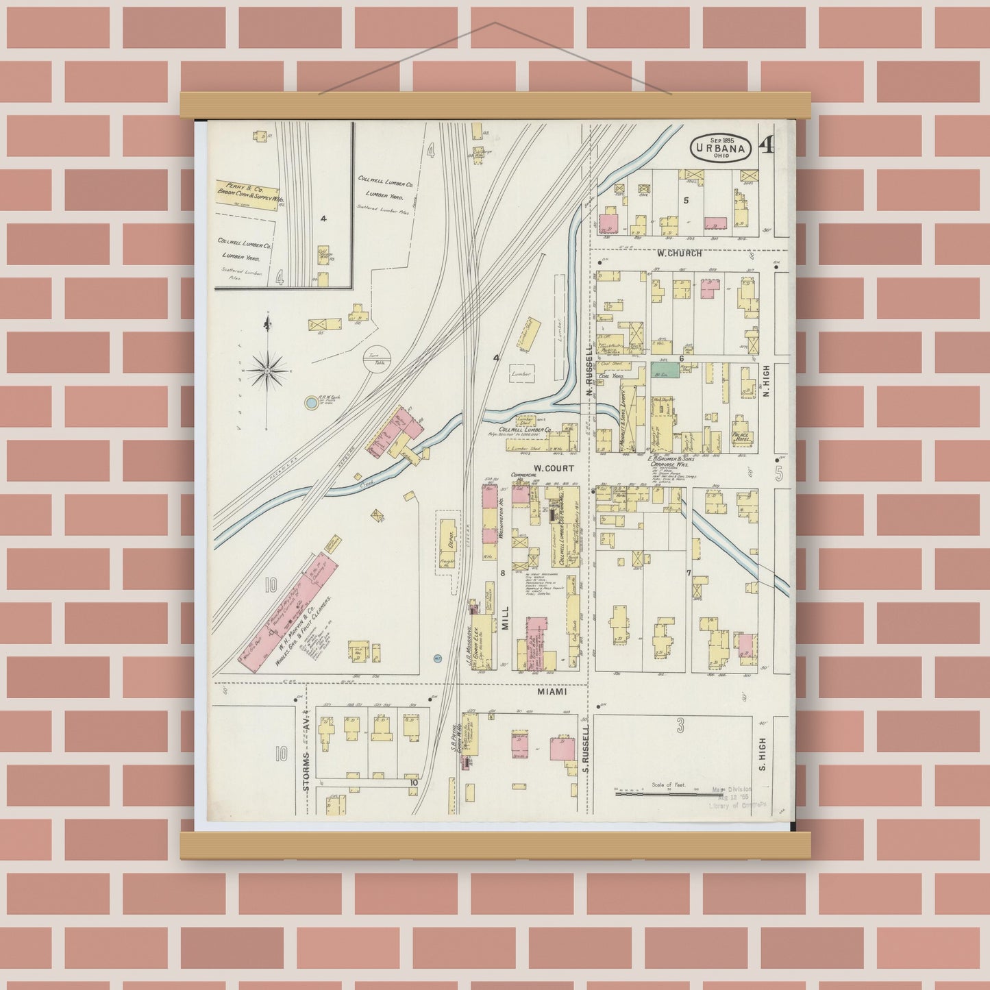 Old map wall art mockup — magnetic wood frame on brick wall — Sanborn Fire Insurance Map from Urbana, Champaign County, Ohio (1895), Sheet #0004