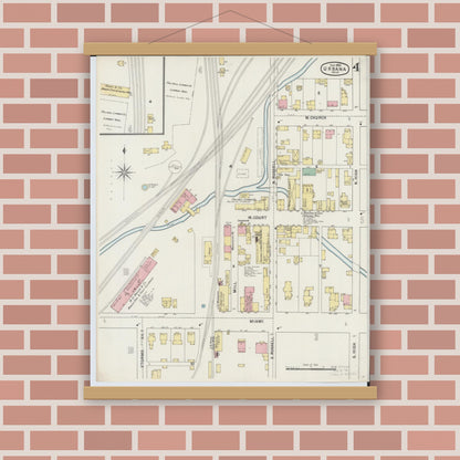 Old map wall art mockup — magnetic wood frame on brick wall — Sanborn Fire Insurance Map from Urbana, Champaign County, Ohio (1895), Sheet #0004