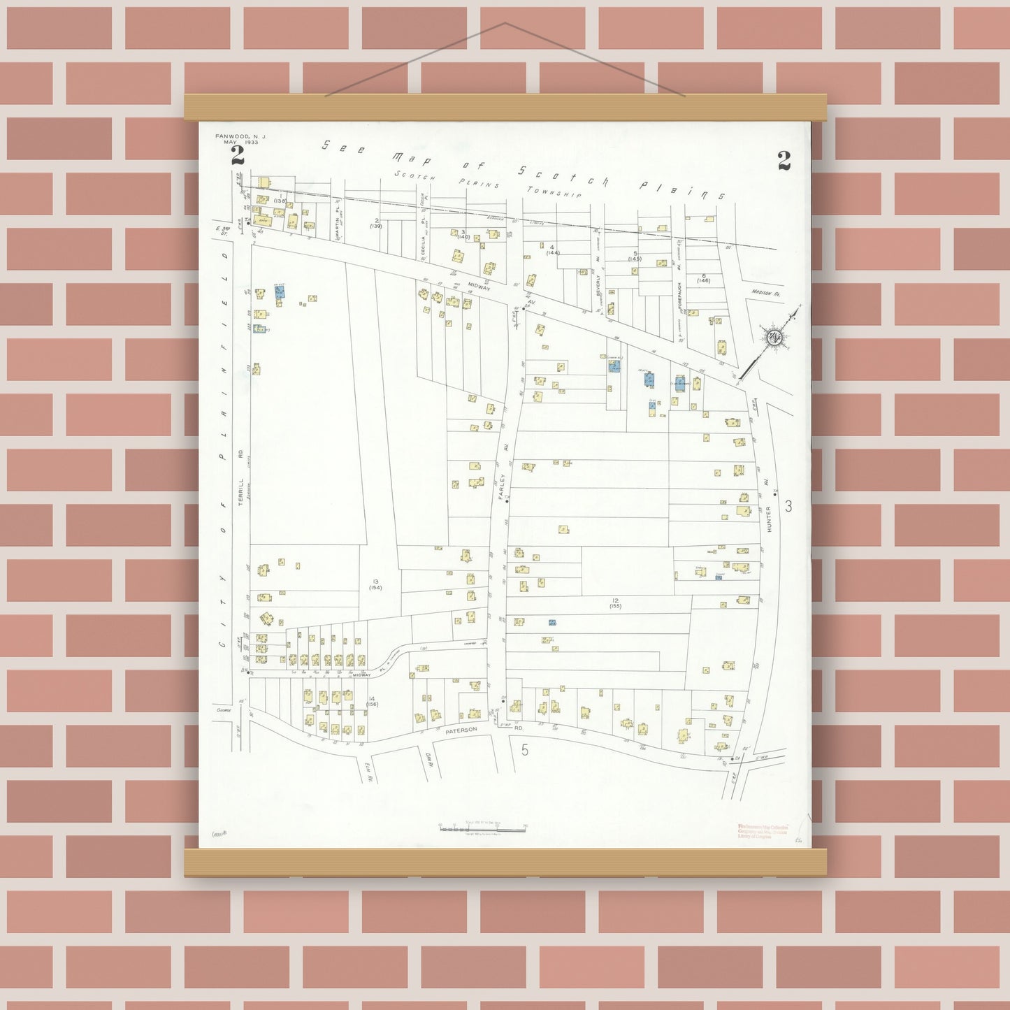 Old map wall art mockup — magnetic wood frame on brick wall — Sanborn Fire Insurance Map from Fanwood, Union County, New Jersey (1933), Sheet #0002