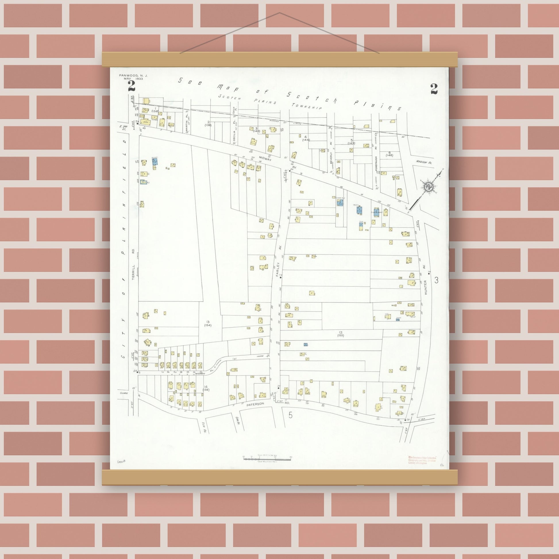 Old map wall art mockup — magnetic wood frame on brick wall — Sanborn Fire Insurance Map from Fanwood, Union County, New Jersey (1933), Sheet #0002
