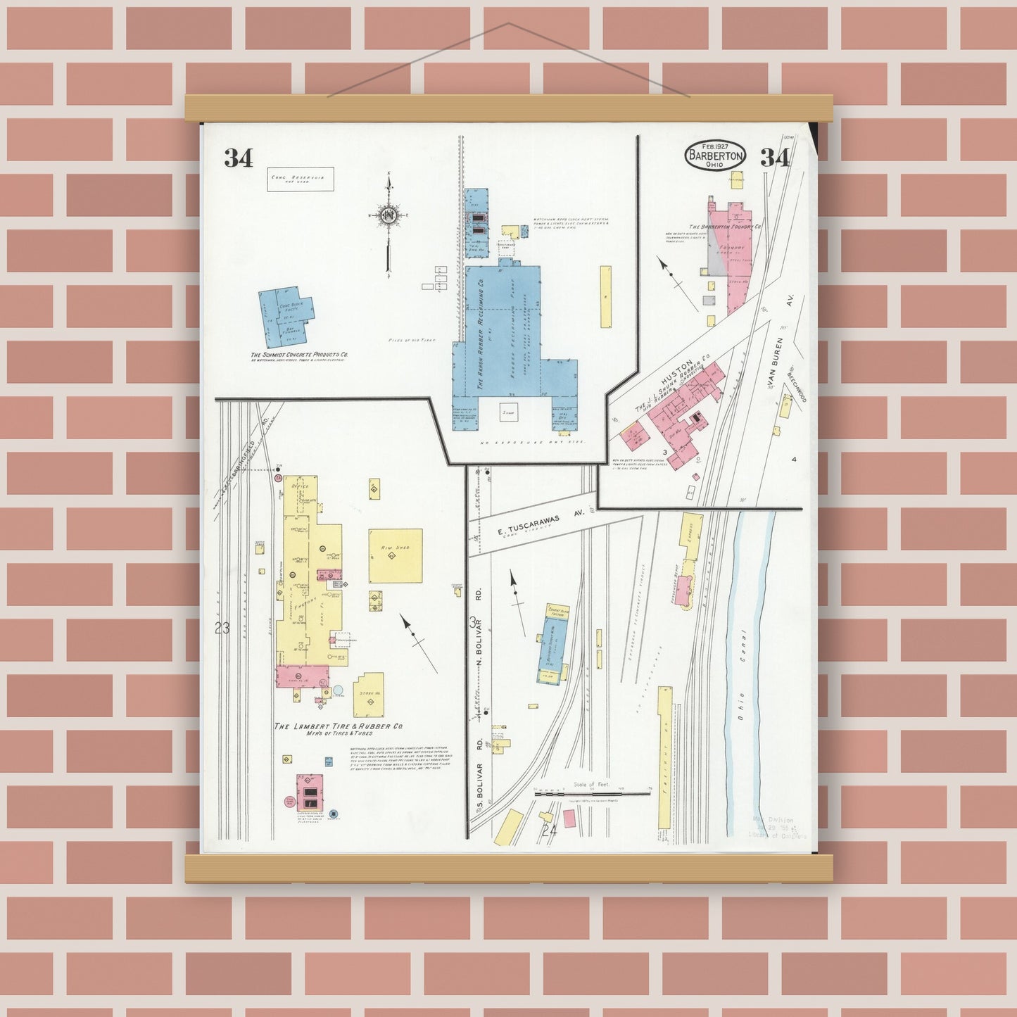 Old map wall art mockup — magnetic wood frame on brick wall — Sanborn Fire Insurance Map from Barberton, Summit County, Ohio (1927), Sheet #0034