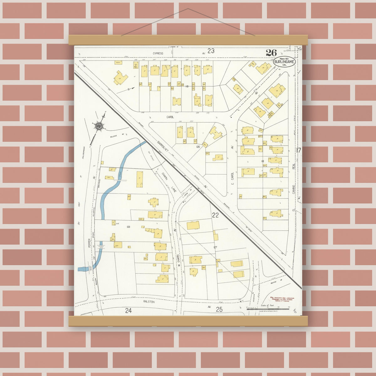 Old map wall art mockup — magnetic wood frame on brick wall — Sanborn Fire Insurance Map from Burlingame, San Mateo County, California (1921), Sheet #0026